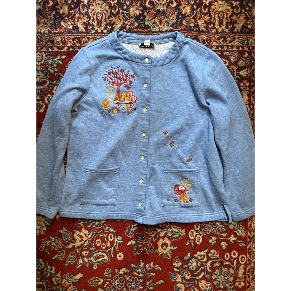 Breckenridge Blue Fall Embroidered Snap Front Cardigan Sweatshirt Leaf Women P M